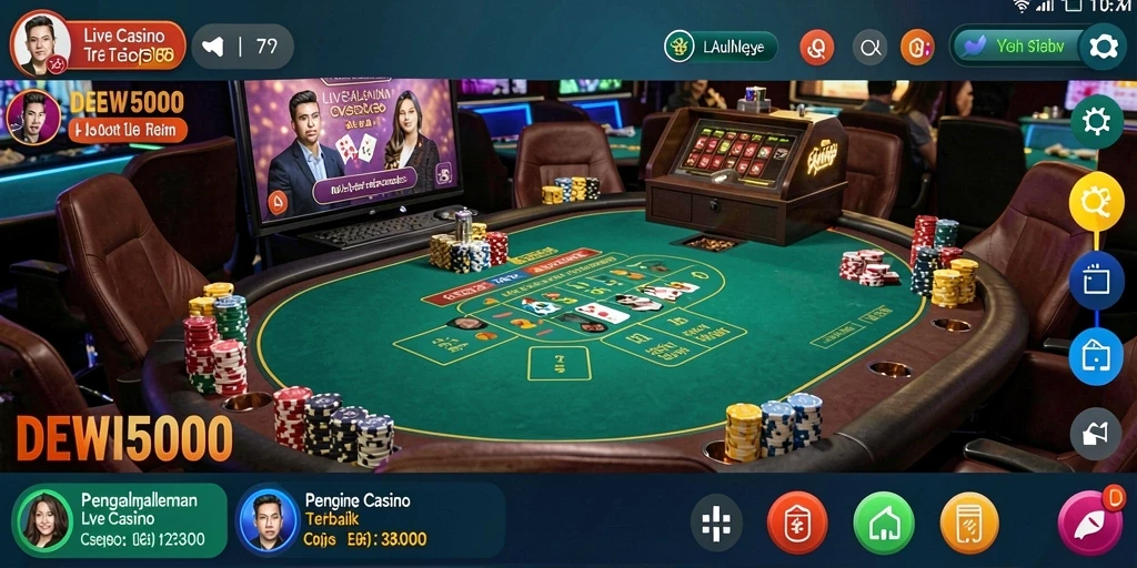 Tampilan utama gameplay DEWI5000 dengan dealer dan pemain di ruang kasino langsung.