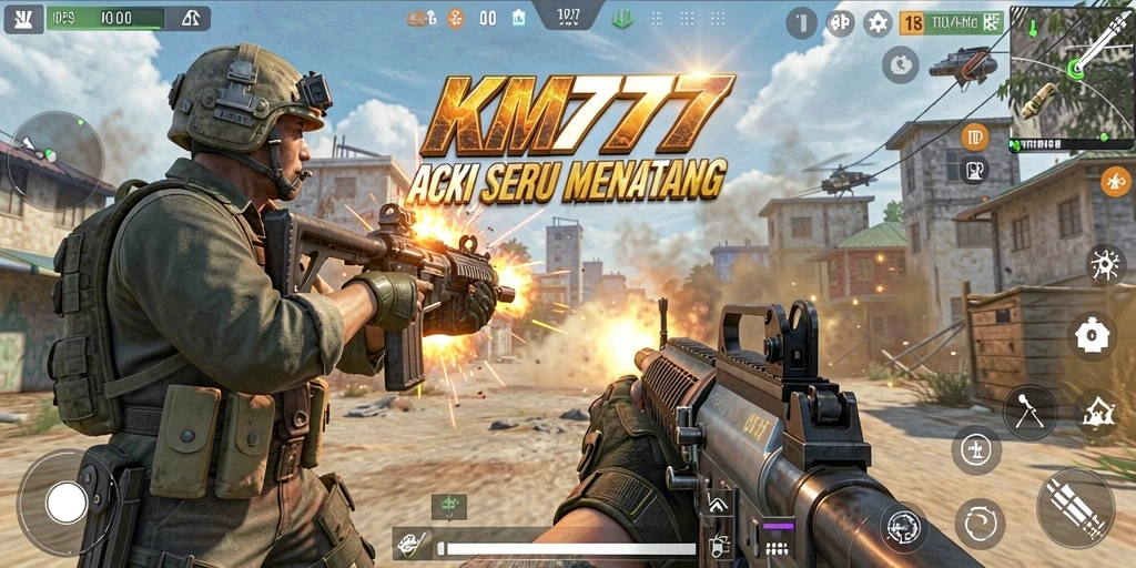 Tampilan gameplay menegangkan KM777 dengan aksi tembak-menembak.