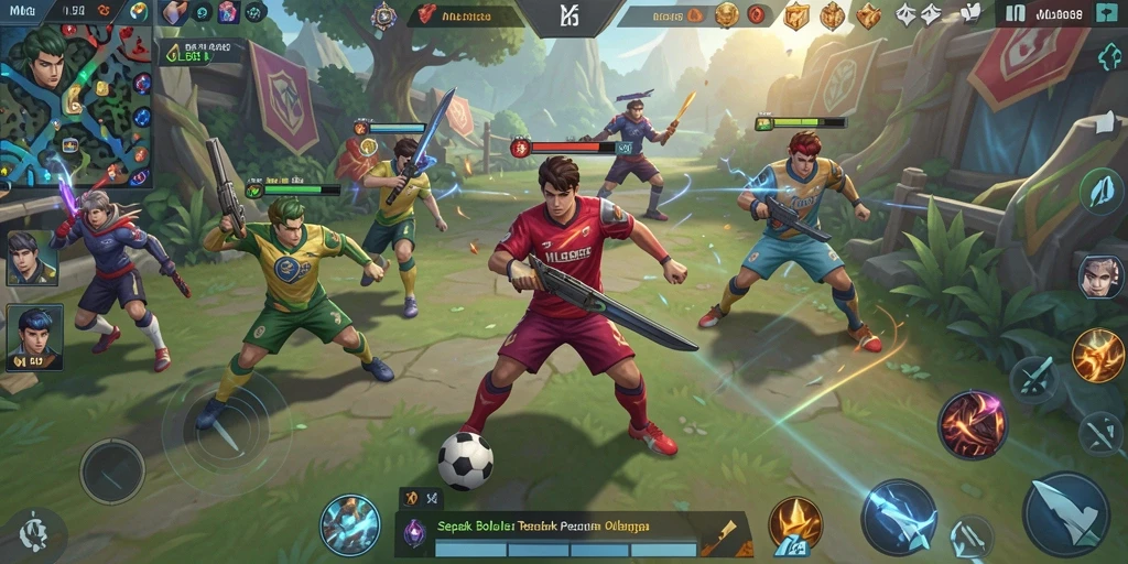 Tampilan aksi gameplay MLBB8 dengan tim sepak bola yang berkompetisi.