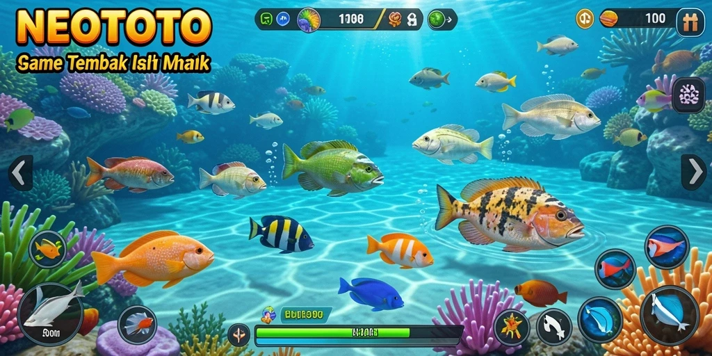 Tampilan gameplay seru dalam NEOTOTO saat menembak ikan.