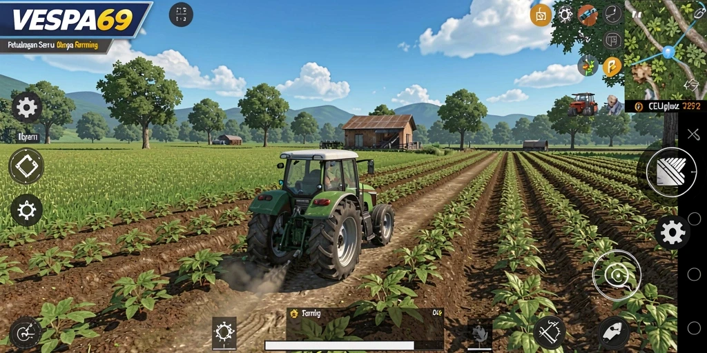 Tampilan gameplay VESPA69 dengan pertanian yang indah dan interaksi yang seru.